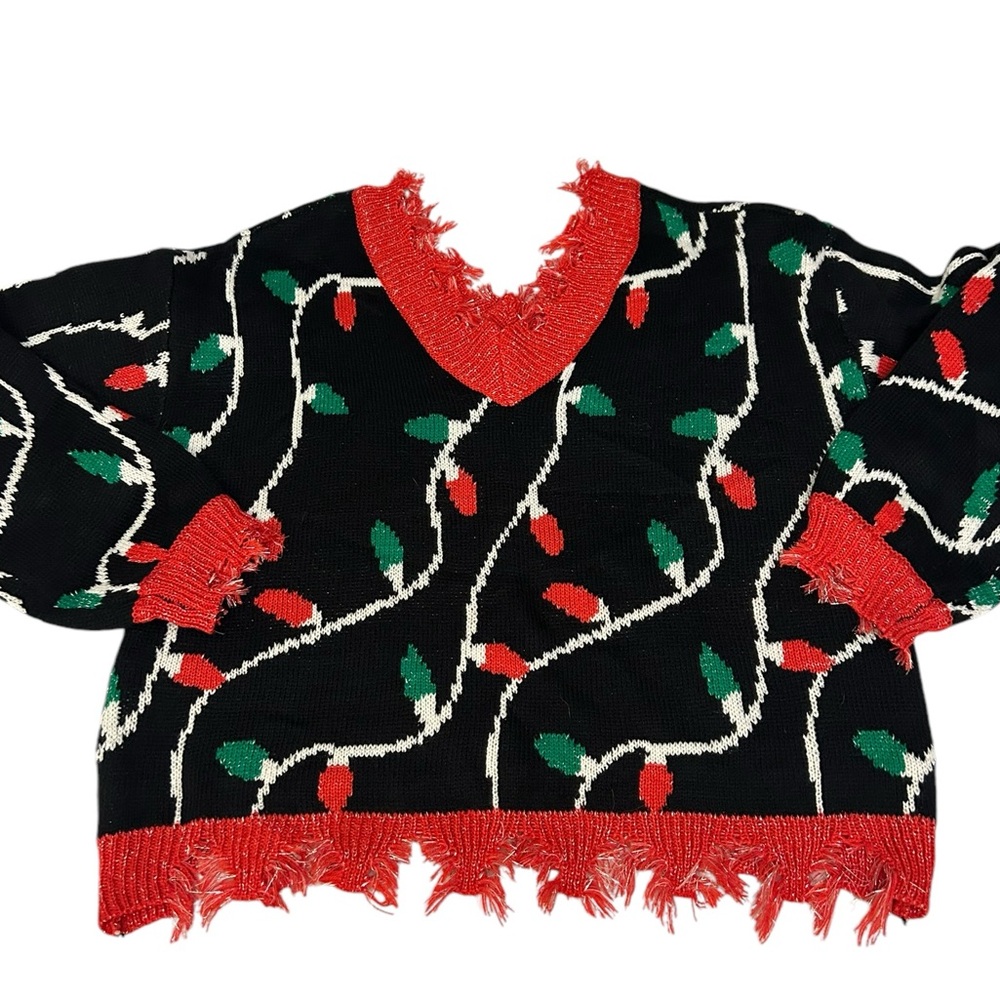 Joyland V-Neck Long Sleeve‎ Ugly Christmas Lights Sweater Fringe Women’s Sz L